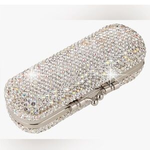 Elegant Silver Crystal Lipstick Holder Clutch with Mirror and Rhinestones